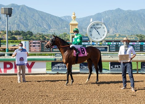 Peter M. Brant&#39;s Raging Bull and jockey Joel Rosario win the Grade I, $300,000 Shoemaker Mile, Monday, May 25, 2020 at Santa Anita Park, Arcadia CA.<br><br />
&#169; BENOIT PHOTO