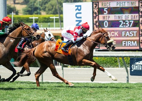 Fox Hill Farms&#39; Jolie Olimpica and jockey Mike Smith, right, outleg Oleksandra (Joel Rosario), left, to win the Grade II, $200,000 Monrovia Stakes, Monday, May 25, 2020 at Santa Anita Park, Arcadia CA.<br><br />
