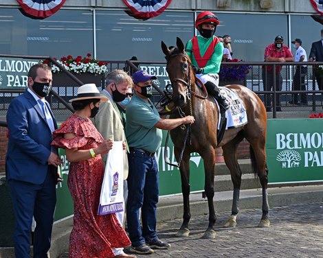 Oleksandra with jockey Joel Rosario in the irons comes up on the outside and out duels Kanthaka with Jose Ortiz to the wire in 37th running of the Jaipur at Belmont Park on Belmont Stakes Day June 20, 2020