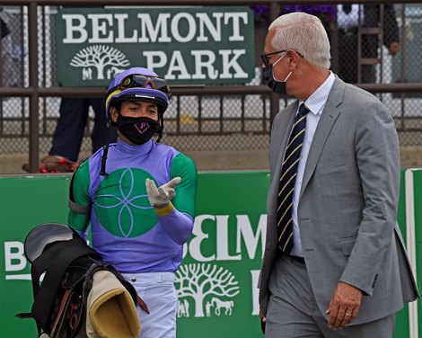 (L-R): Jose Ortiz and Todd Pletcher. Sweet Melania with jockey Jose Ortiz aboard wins the 7th running of the Wonder Again at Belmont Park on Belmont Stakes Day June 20, 2020.  Photo by Skip Dickstein