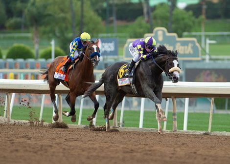 C R K Stable’s Honor A.P. and jockey Mike Smith, right, glide by Authentic (Drayden Van Dyke) in mid-stretch and to on to win the Grade I $400,000 RUNHAPPY Santa Anita Derby Saturday, June 6, 2020 at Santa Anita Park, Arcadia, CA.<br><br />
&#169;Benoit Photo<br><br />
