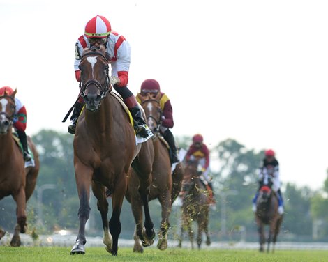 Newspaperofrecord wins the 2020 Just a Game Stakes at Belmont Park                       