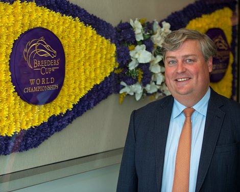 Caption: (note reflection in BC emblem)<br>
Breeders’ Cup CEO and President Drew Fleming in the Breeders’ Cup office in downtown Lexington, Ky., on June 16, 2020 Drew Fleming in Lexington, KY. 