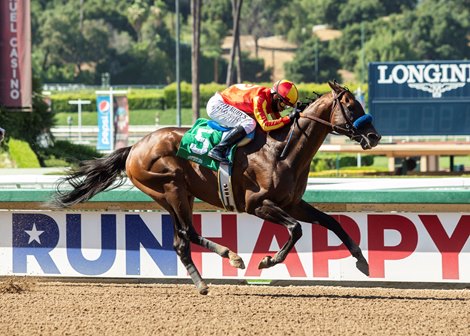 McKinzie and jockey Mike Smith win the Grade II, $200,000 Triple Bend Stakes, Sunday, June 7, 2020 at Santa Anita Park, Arcadia CA.<br><br />
&#169; BENOIT PHOTO