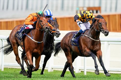 ASCOT, ENGLAND - JUNE 20: Kevin Stott riding Hello Youmzain (checks) win The Diamond Jubilee Stakes on Day Five of Royal Ascot at Ascot Racecourse on June 20, 2020 in Ascot, England
