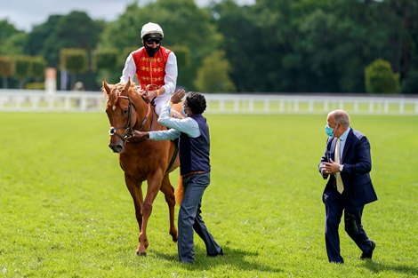 ASCOT, ENGLAND - JUNE 19: Adam Kirby after riding Golden Horde to win The Commonwealth Cup on Day Four of Royal Ascot at Ascot Racecourse on June 19, 2020 in Ascot, England