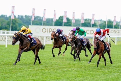 ASCOT, ENGLAND - JUNE 20: Frankie Dettori riding Campanelle (yellow) win The Queen Mary Stakes on Day Five of Royal Ascot at Ascot Racecourse on June 20, 2020 in Ascot, England