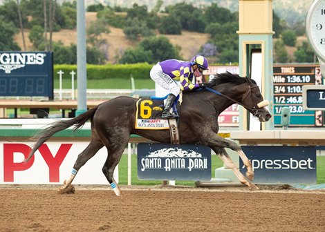 C R K Stable’s Honor A.P. and jockey Mike Smith win the Grade I $400,000 RUNHAPPY Santa Anita Derby Saturday, June 6, 2020 at Santa Anita Park, Arcadia, CA. ©Benoit Photo