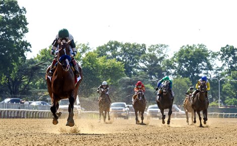 Gamine with jockey John Velazquez wins the 90th running of the Longines Acorn at Belmont Park on Belmont Stakes Day June 20, 2020