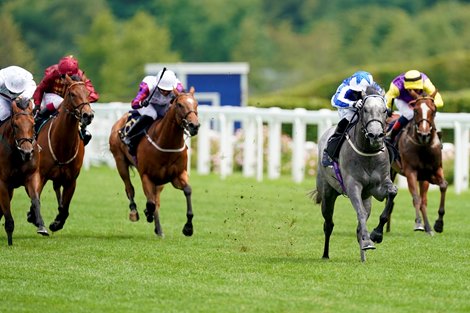 ASCOT, ENGLAND - JUNE 19: Silvestre De Sousa riding Art Power (R, blue/white) win The Palace of Holyroodhouse Handicap Stakes on Day Four of Royal Ascot at Ascot Racecourse on June 19, 2020 in Ascot, England