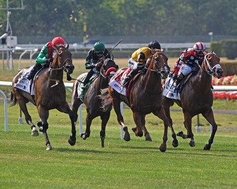 Oleksandra (left) with jockey Joel Rosario in the irons comes up on the outside and out duels Kanthaka with Jose Ortiz to the wire in 37th running of the Jaipur at Belmont Park on Belmont Stakes Day June 20, 2020