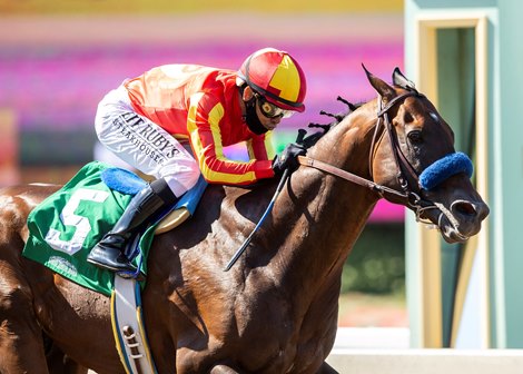 McKinzie and jockey Mike Smith win the Grade II, $200,000 Triple Bend Stakes, Sunday, June 7, 2020 at Santa Anita Park, Arcadia CA. &#169; BENOIT PHOTO