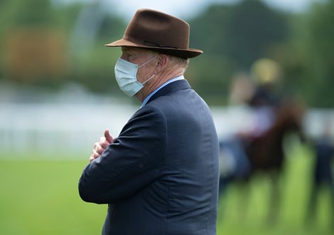 A thumbs up from trainer John Gosden after Stradivarius had won his third Gold Cup<br><br />
Royal Ascot 18.6.20