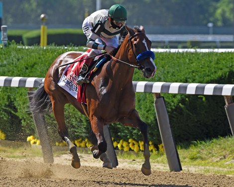 Gamine with John Velazquez wins Acorn Stakes (G1) at Belmont Park.