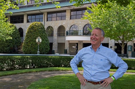 Caption: Bill Thomason with Keeneland, ecorche statue in background.<br><br />
Bill Thomason at Keeneland in Lexington, Ky., on June 19, 2020 Keeneland in Lexington, KY. 