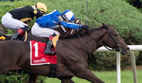 It was a tense showdown as they finished 1st Speaktomeofsummer with jockey Joel Rosario overtaking 6th Beautiful Sky with Iran Ortiz Jr.  on board to win the 37th run of Lake Placid at Saratoga Speedway on July 19, 2020 in Saratoga Springs, NY Photo by Skip Dickstein