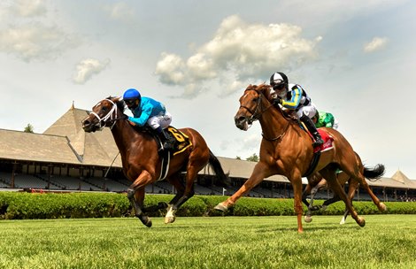 #6 Starship Jubilee ridden by Javier Castellano passes #1 Call Me Love ridden by Joel Rosario to win the 32nd running of The Ballston Spa Saturday July 25, 2020 at the Saratoga Race Course in Saratoga Springs, N.Y. 