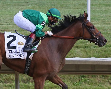 Dunbar Road with Irad Ortiz win the 83rd Running of the Delaware Handicap (GII) at Delaware Park on July 11, 2020. Photo By: Chad B. Harmon