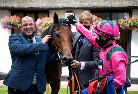 Oxted (Cieren Fallon) and trainer Roger Teal after winning the Darley July Cup Stakes<br><br />
Newmarket 11.7.20