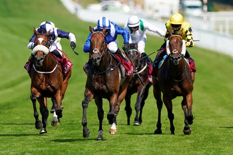CHICHESTER, ENGLAND - JULY 31: Jim Crowley riding Battaash win The King George Qatar Stakes from Glass Slippers and Tom Eaves (L) at Goodwood Racecourse on July 31, 2020 in Chichester, England
