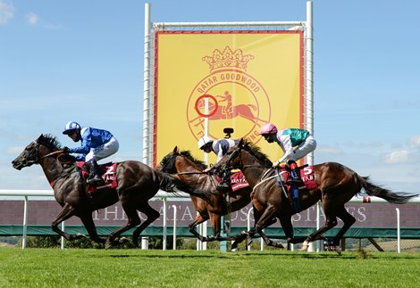 Mohaather (Jim Crowley,right) wins the Qatar Sussex Stakes from Circus Maximus and Siskin <br><br />
Goodwood 29.7.20