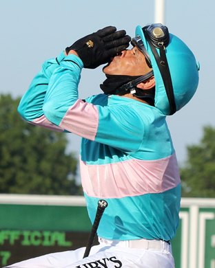 Mike Smith celebrates after winning the 53rd Running of the Haskell Stakes (GI) aboard Authentic at Monmouth Park on July 18, 2020. Photo By: Chad B. Harmon