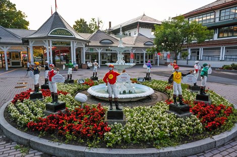 Even the lawn jockeys wear their masks and maintain social distancing outside the Clubhouse the day before opening day at Saratoga Race Course July 15, 2020 i Photo by Skip Dickstein