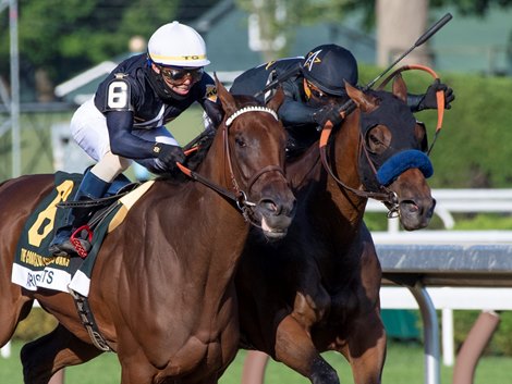 #6 Paris Light with jockey Tyler Gafalione out duels #5Crystal Ball with jockey Javier Castellano to win in the 104th running of The Coaching Club American Oaks at Saratoga Race Course July 18, 2020 in Saratoga Springs, N.Y.  