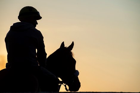 An exercise rider watches as horses gallop in the early morning the day before opening day at Saratoga <br><br />
Race Course July 15, 2020 in Saratoga Springs, N.Y.  Photo by Skip Dickstein