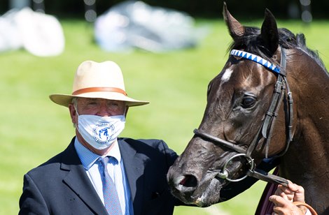 Marcus Tregoning and Mohaather after winning the Qatar Sussex Stakes <br><br />
Goodwood 29.7.20 Pic: 