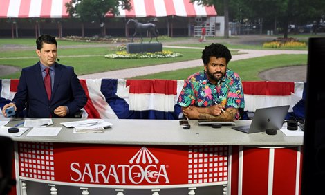 Handicapper Jonathan Kinchen in front of the lights on set with Greg Wolf giving his prognostications at Saratoga Race Course July 16, 2020 in Saratoga Springs, N.Y.  Photo by Skip Dickstein/Special to the Times Union.