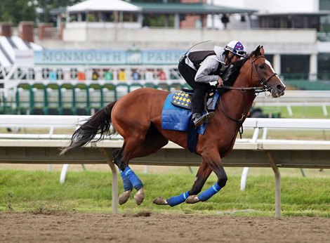 Authentic with exercise rider Ramon Moya, Jr. gallops on the track at Monmouth Park Racetrack in Oceanport, NJ on Friday morning July 17, 2020