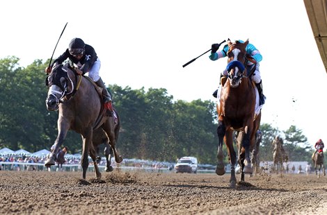 Authentic #2 (R) with Mike Smith riding held off the challenge of Ny Traffic and Paco Lopez to win the $1,000,000 Grade I Haskell Stakes at Monmouth Park in Oceanport, NJ on Saturday July 18, 2020.  Photo By Bill Denver/EQUI-PHOTO