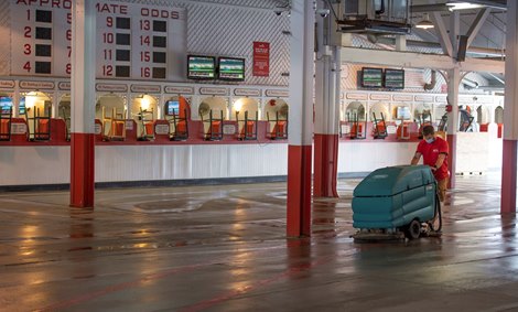 Cleaning and sanitizing is in progress the day before opening day at Saratoga Race Course July 15, 2020 in Saratoga Springs, N.Y.  Photo by Skip Dickstein