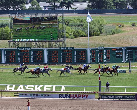 The finish of Race 1 at Monmouth Park on July 18, 2020