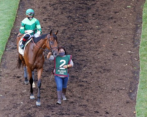 Dunbar Road with Irad Ortiz in the paddock prior to winning the 83rd Running of the Delaware Handicap (GII) at Delaware Park on July 11, 2020. Photo By: Chad B. Harmon