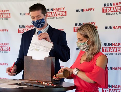 Racing office staff member Rob Driscoll, left and assistant racing secretary Jorie Gorski handle the formalities at the Post Position Draw at Saratoga Race Course Wednesday Aug. 5, 2020  in Saratoga Springs, N.Y.  Photo by Skip Dickstein