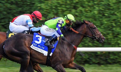 Rushing Fall with jockey Javier Castellano holds on to beat Mean Marry with jockey Luis Saez to win her fifth Diana Sunday Aug.23, 2020 at the Saratoga Race Course in Saratoga Springs, N.Y. Photo by Skip Dickstein