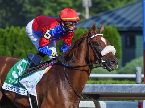 Swiss Skydiver with jockey Tyler Gafalione in the irons convincingly wins the 140th running of The Alabama Saturday Aug.15, 2020 at the Saratoga Race Course in Saratoga Springs, N.Y.