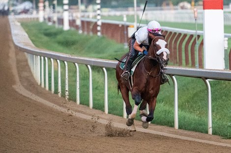 Tiz the Law with regular exerciser rider Heather Smullen aboard goes out for his final tuneup Saturday Aug. 1, 2020 for the Travers Stakes at the Saratoga Race Course in Saratoga Springs, N.Y. 