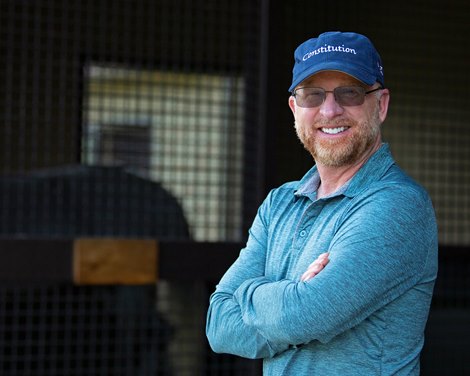 Caption: Randy Gullatt <br><br />
Randy Gullatt with horses Mission Impazible and the yearling colt by Mission Impazible out of Tizfiz, dam of Tiz the Law, at Twin Creeks Farm near Versailles, Ky., on Aug. 18, 2020 Twin Creeks Farm in Versailles, KY. 