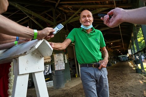 Trainer Barclay Tagg continues with business as usual and a short press conference on the day after the Travers Stakes presented by Runhappy and the amazing performance by his charge Tiz the Law at the Saratoga Race Course Sunday Aug.9, 2020 in Saratoga Springs, N.Y.  Photo by Skip Dickstein