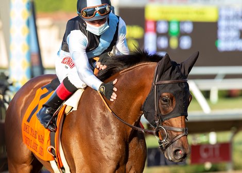 Jockey Drayden Van Dyke guides Red Lark to the winner&#39;s circle after their victory in the Grade I, $250,000 Del Mar Oaks, Saturday, August 22, 2020 at Del Mar Thoroughbred Club, Del Mar CA. &#169; BENOIT PHOTO