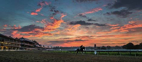 A blazing sunrise on the day after the Travers presented by Runhappy and the amazing performance by Tiz the Law at the Saratoga Race Course Sunday Aug.9, 2020 in Saratoga Springs, N.Y.  Photo by Skip Dickstein