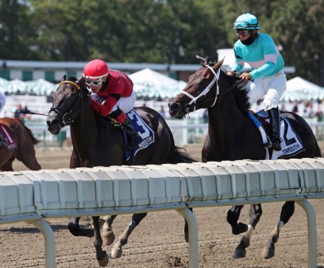 Pirate&#39;s Punch #3 with Jorge Vargas, Jr. riding was disqualified from first and placed second after interfering with #2 Warrior&#39;s Charge and Paco Lopez in the $200,000 Grade III Philip H. Iselin Stakes Monmouth Park Racetrack in Oceanport, NJ on Saturday August 22, 2020.  Photo By Bill Denver/EQUI-PHOTO