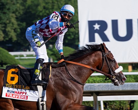 Tiz the Law with jockey Manny Franco leads the field to the finish line and wins convincingly the 151st running of The Travers presented by Runhappy at the Saratoga Race Course Saturday Aug.8, 2020 in Saratoga Springs, N.Y.  