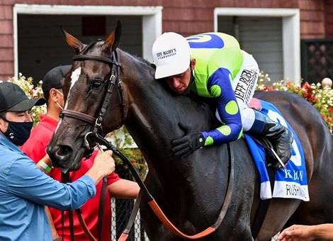 Jockey Javier Castellano gives Rushing Fall a big hug after she won her fifth Diana Sunday Aug.23, 2020 at the Saratoga Race Course in Saratoga Springs, N.Y. Photo by Skip Dickstein