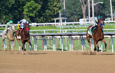 Gamine with jockey John Velazquez pulls away from the closest competition to win the 95th running of The Longines Test  at the Saratoga Race Course Saturday Aug.8, 2020 in Saratoga Springs, N.Y.  