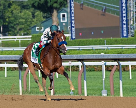 Gamine with jockey John Velazquez pulls away from the closest competition to win the 95th running of The Longines Test  at the Saratoga Race Course Saturday Aug.8, 2020 in Saratoga Springs, N.Y.