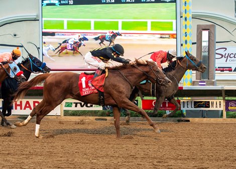 Collusion Illusion and jockey Flavien Prat, inside, overpower Lexitonian (Drayden Van Dyke), outside, to win the Grade I, $250,000 Bing Crosby Stakes, Saturday, August 1, 2020 at Del Mar Thoroughrbed Club, Del Mar CA.<br>
© BENOIT PHOTO